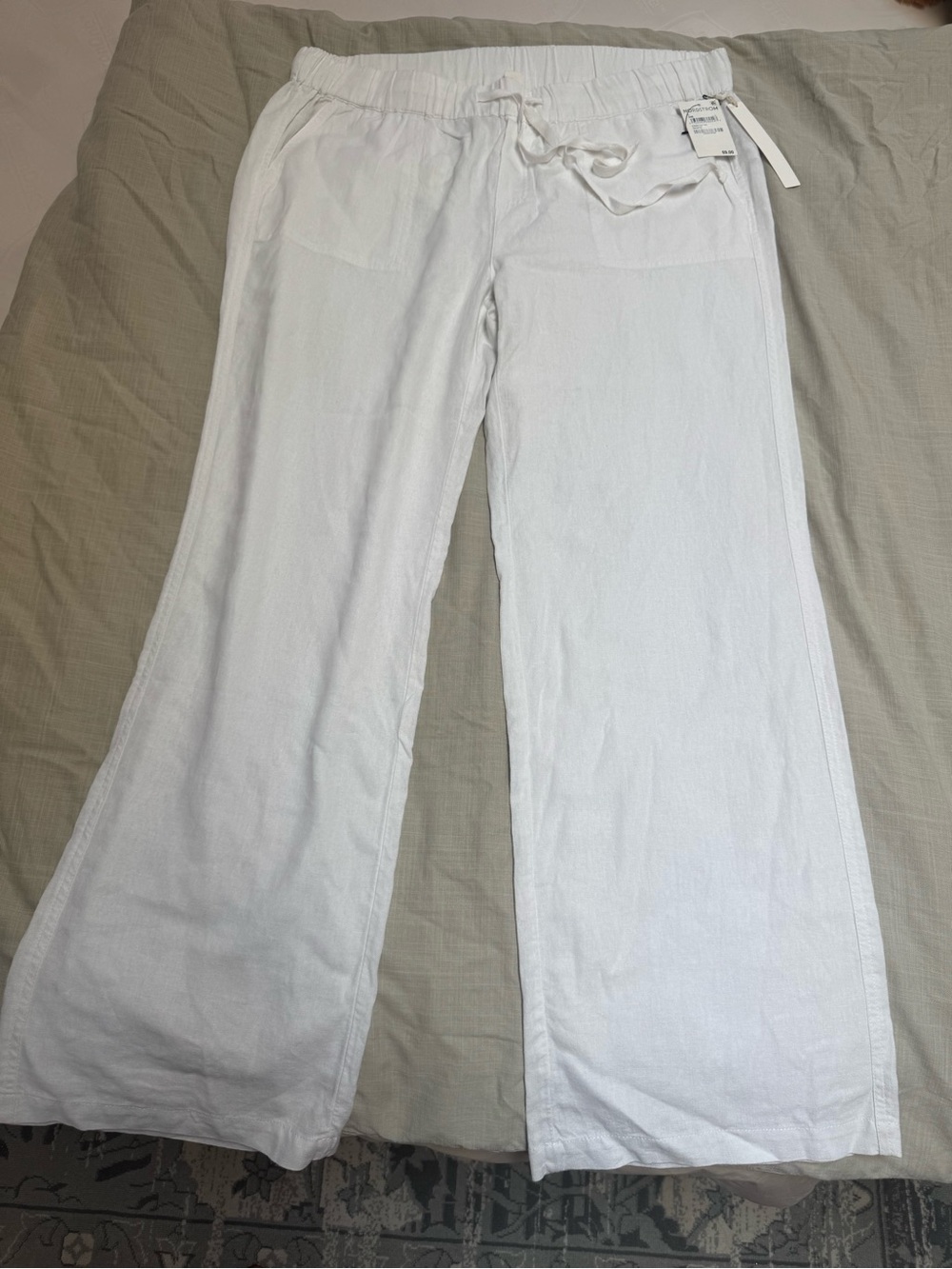 NWT Caslon White Wide-Leg Linen-Blend Drawstring Pants